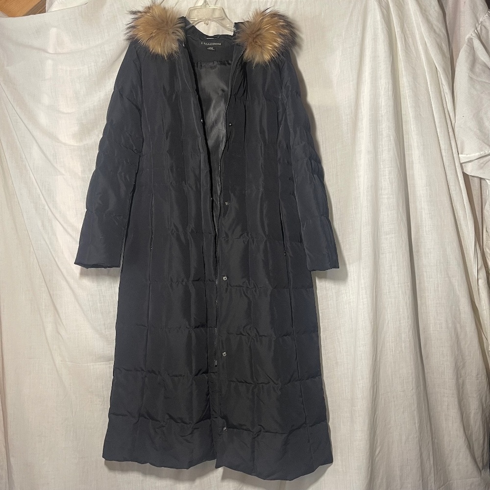 1 Madison Feather Down Puffer Parka Hood with Raccoon Fur Fringe Black Ladies L